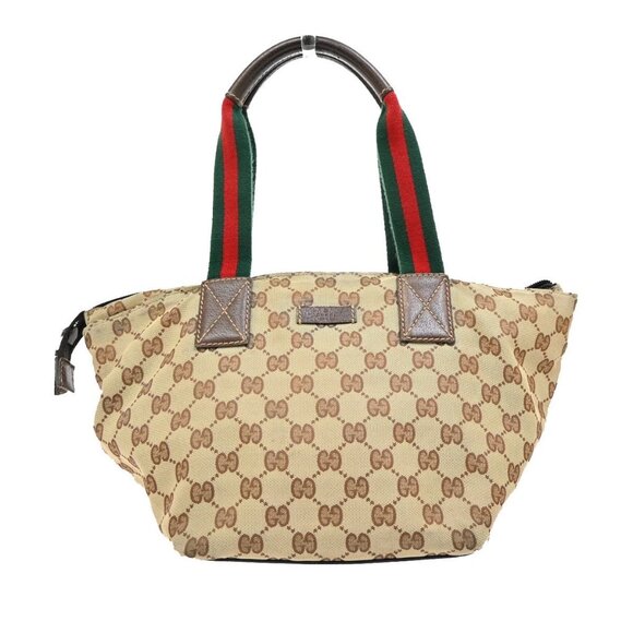 GUCCI Logo Sherry GG Pattern Hand Bag Nylon Leather Brown Italy 30KA664 - Picture 1 of 16